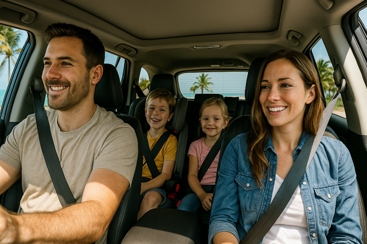 Famille avec enfants chargeant une voiture de location avant un road-trip au Mexique