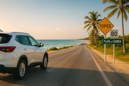 SUV blanc en bord de mer, panneau Topes 80 vers Playa del Carmen, Riviera Maya